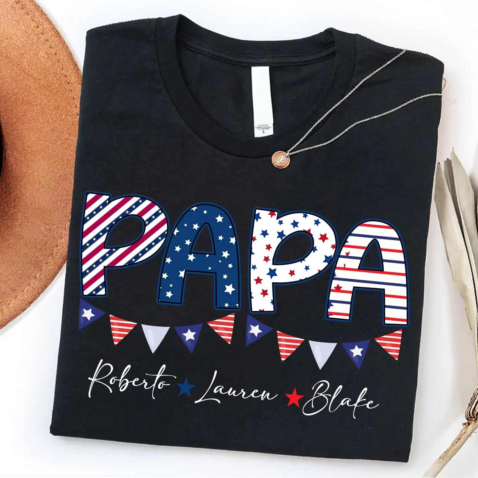 Personalized Papa Shirt Kids Names Patriotic Father's Day Gift 4th of July Tee gallery