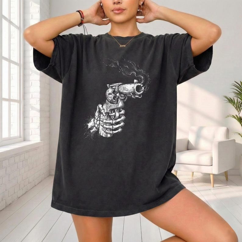 Western Gothic Shirt 1717 | Skeleton Hand Smoking Gun Tee